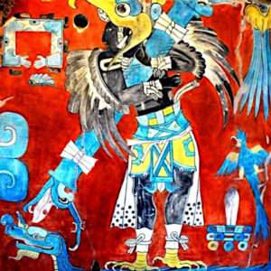 Representación de un indio mesoamericano con aves y animales