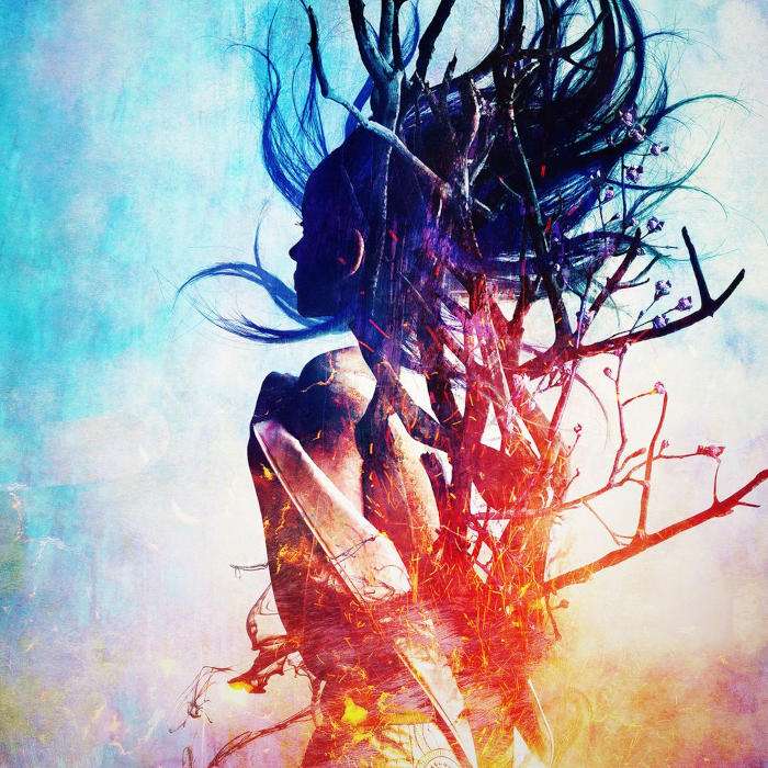 Ilustración de mujer envuelta en raices y plantas